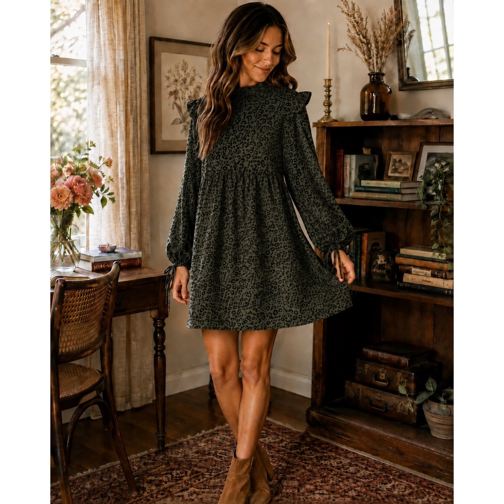 Women's XL Olive Green Leopard Print Ruffle Shoulder Babydoll Dress